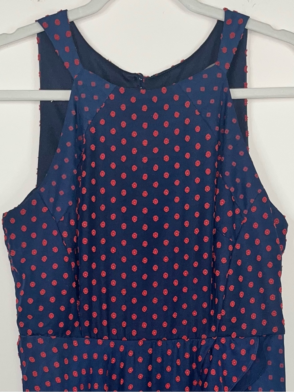 Eva Franco Anthropologie Maryann Navy Red Clip Dot Sleeveless Dress 8 Ruffle - Picture 6 of 14